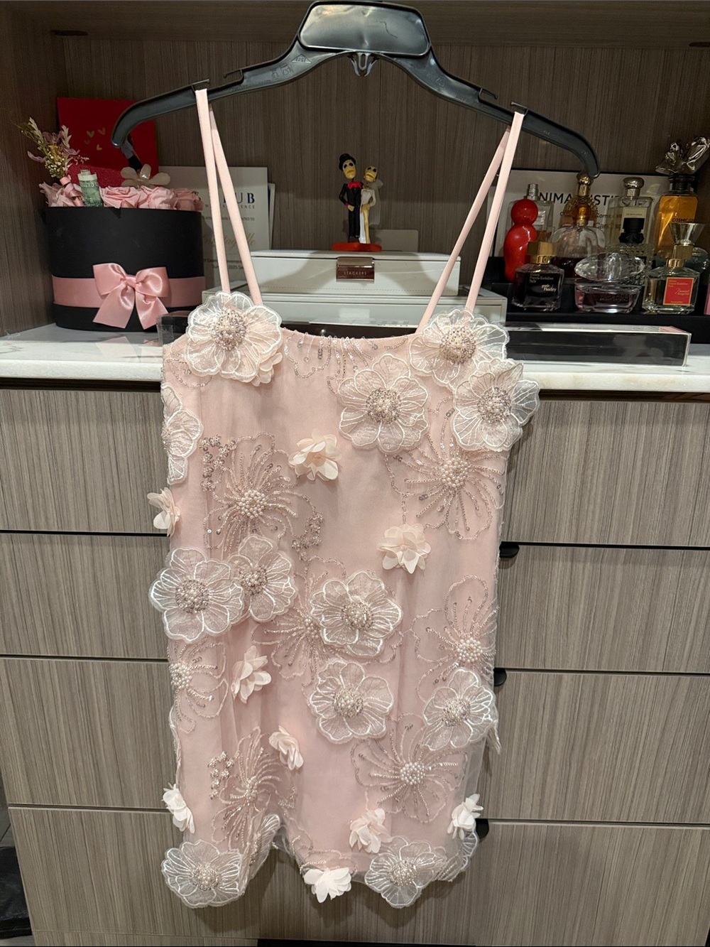 Embellished Blush Pink Floral Appliqué Mini Dress